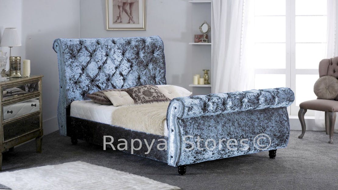 Spotlight on the Lamborg Crushed Velvet Sleigh Bed