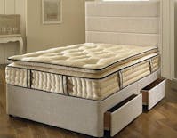 Ghost Beds QLizzy Cream Chenille Exclusive Natural Divan Bed Set With 2000 Pocket Pillow Top 3 Lions 24Inch Head Board & 2 Drawers, Beige/Cream