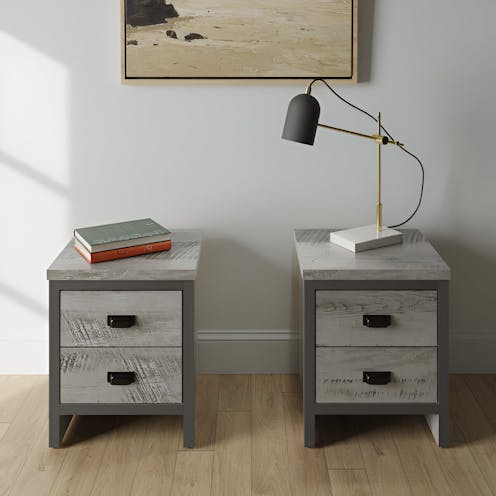 RS Boston 2 Drawer Bedside Table Pair Grey