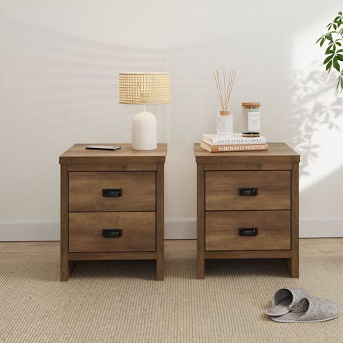 RS Boston 2 Drawer Bedside Table Pair Knotty Oak
