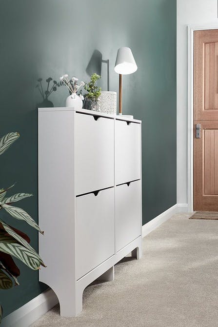 Narrow grey store shoe cabinet